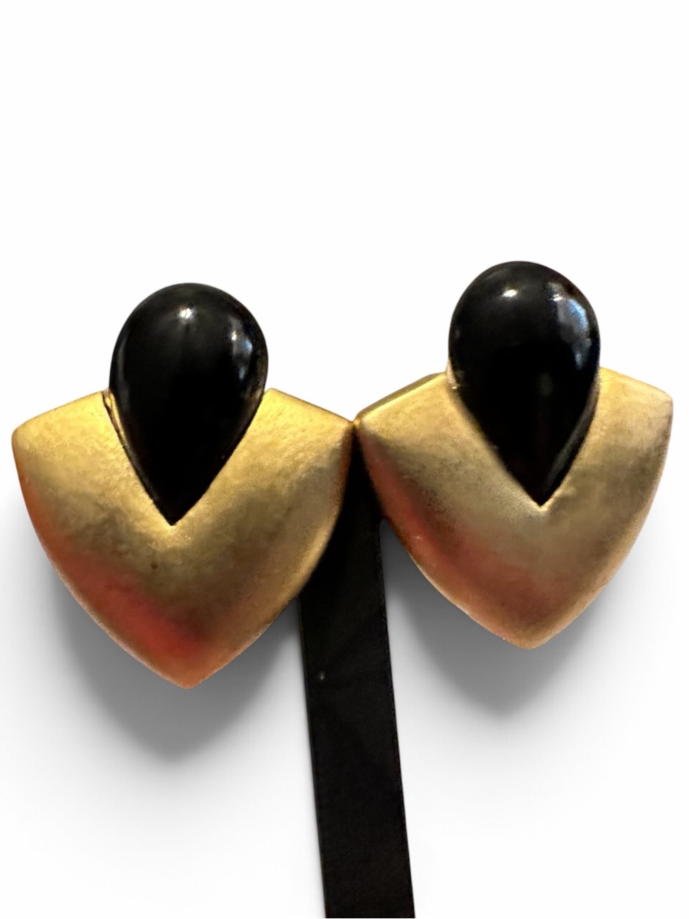Vintage 1980s Black Cabochon Gold Tone Statement Clip Earrings